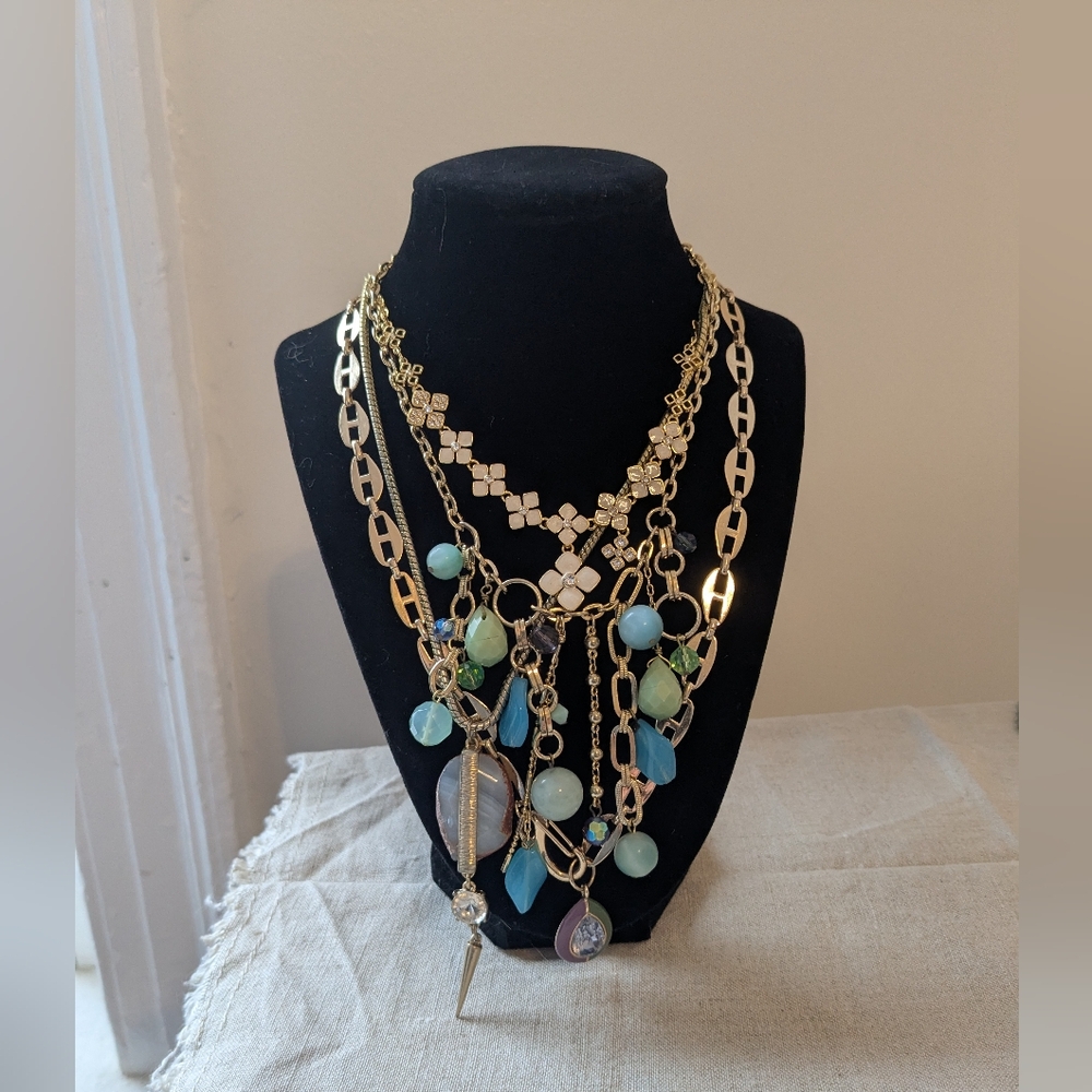 Lot Of 4 Gold Toned Rhinestone Trendy Statement Pendant Necklaces